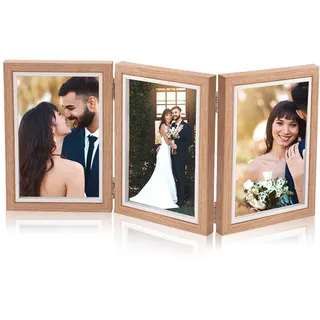 Funmo Bilderrahmen Collage 3 Bilderrahmen Faltbar Collage für 3 Fotos,Rustikal Holz 3 Falten Fotorahmen für Mehrere Fotos Bilderrahmen Collage für Hochzeit Familie Baby Geschenke (7 Zoll)