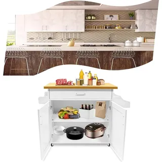 VA-Cerulean Küchenwagen, Kücheninsel Küchen Wagen mit Rollen, 1 Schubladen, 2 Ebenen Schrank, mit Handtuchhalter Servierwagen, Für Küche, Hochzeit im Freien, Hotel, 115x36x90cm Weiß - Weiß