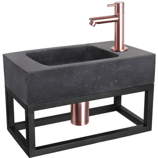 Differnz Bombai Black Waschbecken mit Handtuchhalter - Waschtisch Anthrazit Naturstein - Gerade Armatur Rot Kupfer - Komplettset - 40 x 22 x 9 cm