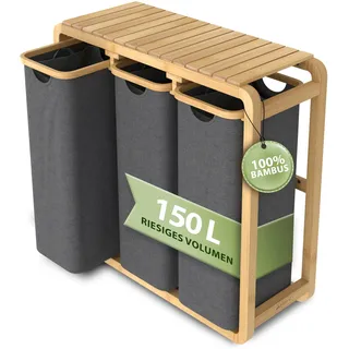 AMBIAVO Wäschekorb 3 Fächer grau · Wäschesammler mit Ablage · Bambus | Warme Holz-Optik, schmal, riesiges Volumen auf kleiner Fläche, 50 L pro Fach, Wäschesortierer mit waschbaren Baumwollsäcken