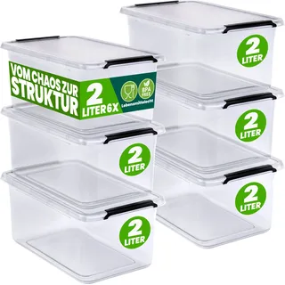DEUBA® 6x Aufbewahrungsbox mit Deckel 2L Box Kunststoff Kisten lebensmittelecht BPA frei klein Klickverschluss transparent stapelbar Küche Schlafzimmer - Transparent
