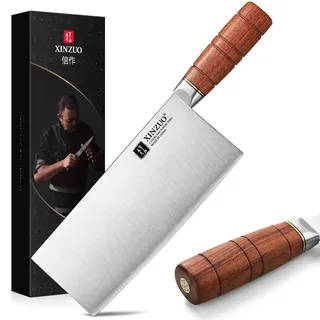 XINZUO 20,5cm Chinesisches Kochmesser 3 Schichten Verbundstahl Küchenmesser- Multifunktions Chefmesser Scharfes Edelstahl Profi Hackmesser -Ergonomischer Griff aus Red Wood -mit Geschenkbox