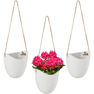 Relaxdays Wandvase 3er Set, Hängetopf innen, mit Schnur zum Aufhängen, Blumenampel, für Pflanzen & weiß,