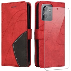 jrester Handyhülle für Xiaomi Redmi Note 12 4G Hülle mit 1 Stück Gehärtetes Glas Schutzfolie, PU Leder Flip Brieftasche Schutzhülle für Xiaomi Redmi Note 12 4G - Rot