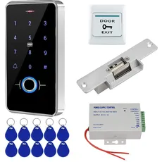 FST Kit Türzugangskontrollsystem Set Biometrie Fingerabdruck IP68 Wasserdichte RFID-Tastatur + Netzteil + NC-ausfallsicheres Elektrisches Schlagschloss + 10 Stück 13,56 MHz RFID Keyfobs