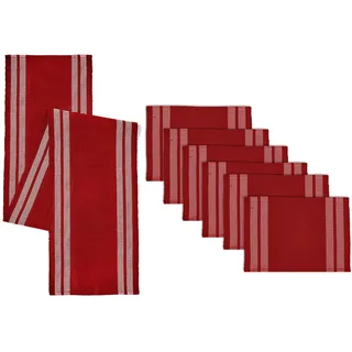 Encasa XO Tischläufer und Platzset Set 6 | Feingerippte Baumwolle | Leiter Rot | 1 Tischläufer Größe 32x183 cm & Jede Tischmatte Größe 48x32 cm