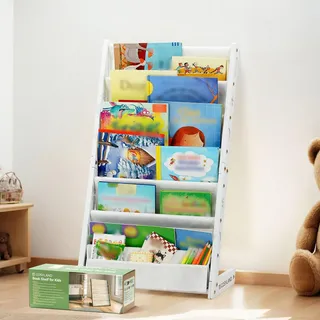 COSYLAND Bücherregal Kinder mit 6 Oxford-Stoff Fächern - Kinderbücherregal aus Naturholz - Bücherregal Kinderzimmer mit abgerundeten Ecken & platzsparend 42L x 30B x 76H cm(Weiß