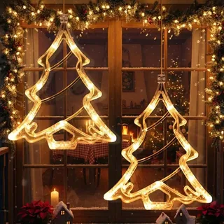 LED Weihnachtsstern Fensterlichter 2 Stück Warmweiß LED Weihnachtsbäume Lichter Fenster Hängeleuchten Batterie Weihnachtsdeko Tür Haus Party Deko