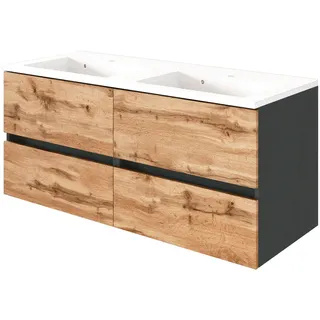 Doppelwaschtisch Mineralguss 120 cm LOUROSA-03 in Graphitgrau mit Wotaneiche Nb., B/H/T: ca. 120/56/47 cm - Braun