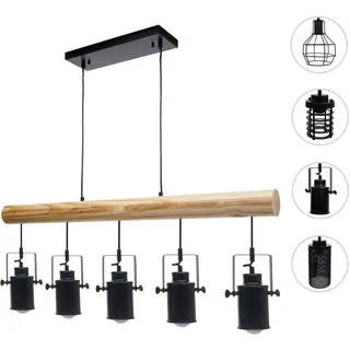 Pendelleuchte HWC-H83, Hängelampe Hängeleuchte, Industrial Vintage Massiv-Holz Metall schwarz ~ 5 Sp