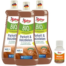 POLIBOY BIO Parkett und Holzdielen Pflege - Pflege & Schutz für geölte, gewachste & lackierte Echtholzböden - mit Pflanzenwachs - Vegan -3x1L(3 L) - Mit Produktprobe - Made in Germany