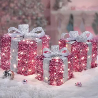 Quntis 3 Set LED Geschenkbox Weihnachten, Weihnachtsdeko Innen Strombetrieben, 140 warmweiße LEDs, beleuchtete Boxen, Lichterdeko Geschenkpakete für Weihnachtsbaum Fensterbank Garten Rosa