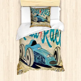ABAKUHAUS Autos Mantele, New York Racing Old School, Milbensicher Allergiker geeignet mit Kissenbezügen, 135 cm x 200 cm - 80 x 80 cm, Aqua-Sand-Brown