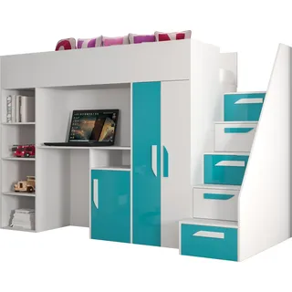 Etagenbett für Kinder Party 14 Stockbett mit Treppe und Bettkasten (Weiß + Türkis Glanz) - Weiß, Türkis