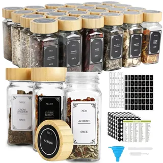 Cozary Gewürzgläser Set – 24er Set aus Glas mit Gewürzstreuer & Bambusdeckel, inkl. 648 Etiketten, Gewürzdosen Set mit doppelfunktionalem Deckel, ideal für Küche & Gewürzaufbewahrung