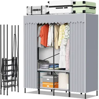 Bettizia Stoffschrank Kleiderschrank Staubdicht & Kleiderstange, Stoffkleiderschrank faltbarer für Schlafzimmer, Metallrahmen, 158 x170 x 48 cm - Grau
