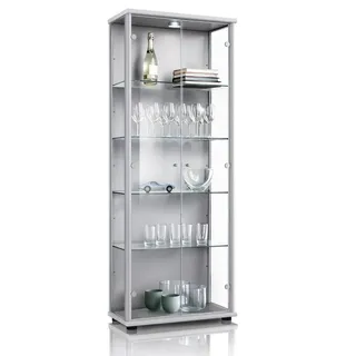 K-Möbel Glasvitrine in Alu / Silber (176x67x33 cm) mit 4 höhenverstellbaren Glasböden & LED - Vitrinenschrank - Sammlervitrine - Silber - Silber Sam