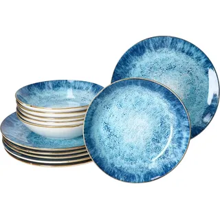 Marina 12tlg Tafelservice blaue Speiseteller Suppenteller Porzellan 6 Pers - Blau, Weiß, Braun