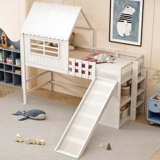 Ball & Cast Kinderhochbett (90x200cm) mit Sicherheitsleiter und Rutsche, Multifunktion Loft Bed mit mehrstöckige Ablagefächer, Stabil & Rauschlos, Weiß