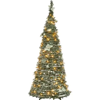 BELIANI Künstlicher Weihnachtsbaum Weiß Synthetisch 185 cm Schneebedeckt Zusammenklappbar LED Lichterkette Weihnachten - Weiß, Grün, Silber