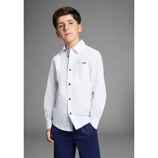 Langarmhemd BRUNO BANANI "Oberhemd für Jungen", Jungen, Gr. 146, N-Gr, weiß, Web, Obermaterial: 97% Baumwolle, 3% Elasthan, unifarben mit Farbeinsatz, Basic Po-bedeckend, mit Knopf 1-Knopf-Manschette mit Schlitz, Hemden Langarmhemd, Für TEENS. Elegantes Hemd, Topseller