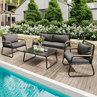 MERAX Gartenlounge-Set 4-tlg., Balkonmöbel Gartengarnitur Terrassenmöbel mit verstellbaren Füßen, Gartenmöbel für 4 Personen mit 2-Sitzer-Sofa - Schwarz