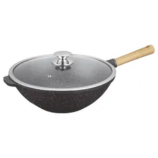 KAMBERG - Wok 32 cm – 5,0 Liter – fester Griff aus Holz – Aluminiumguss – Steinbeschichtung – Glasdeckel – für alle Herdarten einschließlich Induktion – ohne PFOA – 0008220