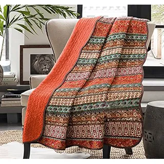 Cozyholy Boho Quilt Twin Size 100% Cotton Quilted Blanket Colorful Bohemian Striped Bedspread Coverlet Reversible Lightweight Stitch Vintage Bed Cover Throw Blanket for Couch Sofa Orange