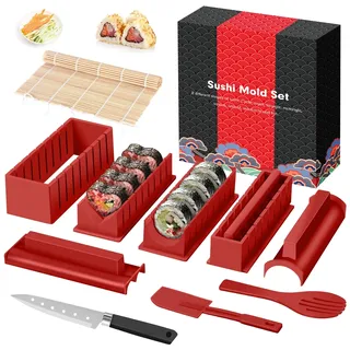 SKYSER Sushi Maker set, 12 Artikel Sushi Maker Kit für Anfänger zum selber machen, Kann als Sushi Teller verwendet werden mit Sushi Reis Roll Form Formen, Sushi Messer, Sushi Rolling Matte(Rot)