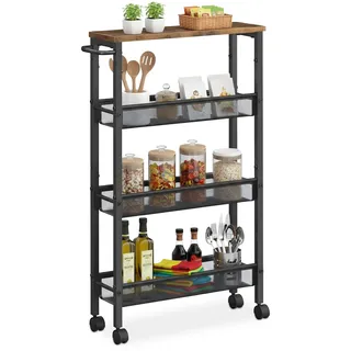 Relaxdays Nischenwagen, HxBxT: 77 x 13x 45,5 cm, schmales Nischenregal Bad & Küche, 4 Ebenen, Metall, braun/schwarz