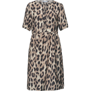 Sommerkleid STREET ONE, Damen, Gr. 40, N-Gr, beige (timeless beige), Jersey, Obermaterial: 80% Viskose, 20% Nylon, bedruckt, geblümt, normal kniefrei, Rundhals, elastischer Bund, Kleider Sommerkleid, Sommerkleid mit Split Neck und Allover-Print/Blätter-Design