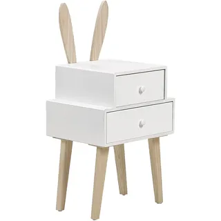 BELIANI Nachttisch Weiß Paulowniaholz u. MDF-Platte 2 Schubladen Hasenohren Tiermotiv Modern Skandi Kinder Nachtkommode Nachtschrank Schlafzimmer - Weiß, Hellbraun