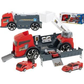 Aga Transporter 2in1 Parkhaus Feuerwehrleute + 3 Autos Rot - Rot
