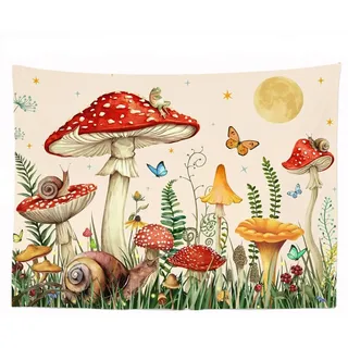 Ulticool – Pilz Schmetterling Schnecke Kinderzimmer – Wandteppich – 200 x 150 cm – großer Wandteppich – Poster – Beige Rot Gelb Grün