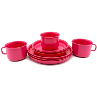 Kimmel 3 Stück Geschirr-Set 3teilig Kindergeschirr Frühstücksset Geschirrservice, Kaffeeservice, Plastikgeschirr, aus Kunststoff plastik, Mehrweggeschirr, Farbe fuchsia