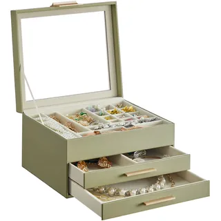 SONGMICS GISELLA Kollektion - Schmuckkästchen, Schmuckkasten 3 Ebenen, Schmuckbox mit Glasdeckel, 2 Schubladen, Schmuckaufbewahrung, Geschenkidee, 20,3 x 23,1 x 13,5 cm, avocadogrün-golden JBC239C02