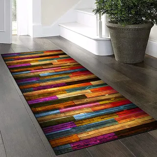 Yinghesheng Korridor Teppich Läufer Flur 80x320cm Bunter Holzmaserung Patchwork Läufer Flur rutschfest Washchbar Küchenteppich Kücheläufer Teppichläufer für Flur Wohnzimmer Küche Büro Esszimmer