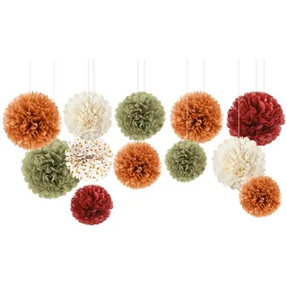 NICROLANDEE 12 Stück Seidenpapier Pompons für Herbst Party Deko, Kürbis-Orange Herbst Hochzeit Party Papier Blume Dekoration, Thanksgiving Dekoration für Zuhause, Geburtstag