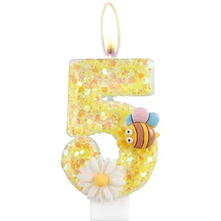 Geburtstagskerzen Zahlen 5, Geburtstagsdeko 5 Jahr Junge Mädchen, Gelb Kerzen Geburtstag, Honigbiene und Blume Tortendeko Geburtstag, Personalisierte Geburtstagskerzen Torte Deko KinderGeburtstags