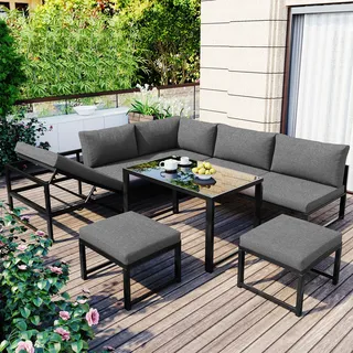 Flieks Gartenmöbel Set 5-tlg, Balkonmöbel Set für 6-7 Personen, Gartenlounge Set Lounge Gartenmöbel Terassenmöbel mit Tisch, Hocker und Kissen, Aluminium Sitzgruppe - Schwarz