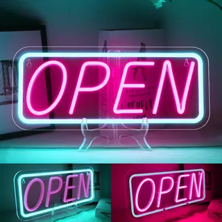 ineonlife Open Neon Schild,Blitz Open Led Schild Das Abwechselnd Rosa Und Blau Leuchtet, Wanddekor Neon Led Schriftzug Zeichen für Geschäfte, Restaurants, Bars, Fitnessstudios, Tavernen
