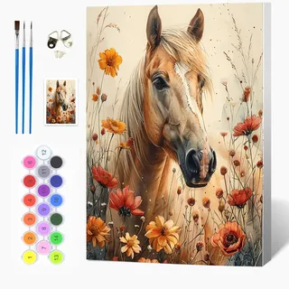 Auremi Pferd Blumen Malen nach Zahlen Set für Erwachsene Kinder mit Holzrahmen,Tiere Paint by Numbers Set Mit Ölgemälde für Anfänger, Leinwand, Pinsel und Farben Wanddekoration 20x30cm