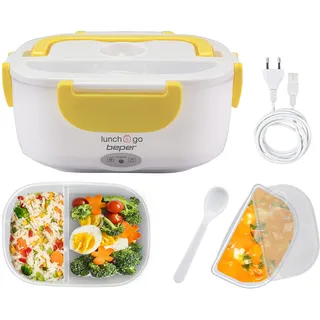 Beper Lunch & Go - Wärmende Lunchbox, tragbarer elektrischer Speisenwärmer, 2 herausnehmbare Behälter, Stahlheizplatte, mitgeliefertes Plastikbesteck, 220 V - Gelb