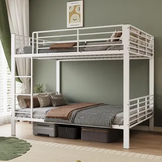 FAVSH Etagenbett 140x200 cm aus Metall, Hochbett mit Rausfallschutz und Leiter, Geräuscharmes Doppelbett, rutschfest, für Jugendliche und Erwachsene, WG & Ferienwohnung, Weiß A