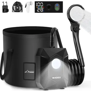 WADEO Campingdusche akku mit Pumpe und Beleuchtung, 120 Minuten Laufzeit, LED-Licht, Mobile Dusche Set mit 2M Schlauch Duschkopf Halterung und Duscheimer für Garten Autowaschen Haustier Strand Reisen