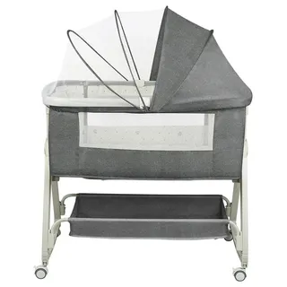 Babybett - 4-in-1 Beistellbett - Mit Rollen - Inklusive Matratze Und Moskitonetz - Höhenverstellbar 68–81 cm - 91x50 cm - Dunkelgrau