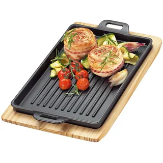 KÜCHENPROFI BBQ Grillpfanne Gusseisen, 32×22×3,5 cm, Holzbrett, Rillen | Servierpfanne, für Grill, Backofen und alle Herdarten, wärmespeichernd, mit Griffen, Pinienholz-Unterbrett
