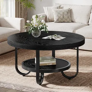 Tribesigns Runder Couchtisch, Industrial 2-stöckiger Sofatisch mit Lagerung Regale, 79 cm Mitte Tisch Sofa Beistelltisch, Schwarz - Schwarz