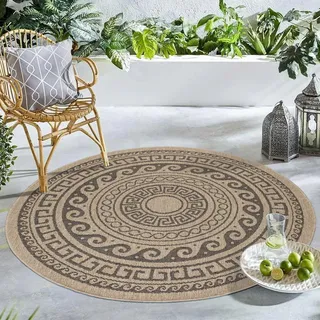 Carpetsale24 Runder Outdoor Teppich Wetterfest Küchen Teppich Wasserfest Flachgewebe Sisal Optik Vintage für Balkon Terrasse Wohnzimmer 200 cm Rund - Schwarz