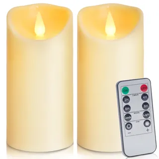 Auralome Led Kerzen mit Timerfunktion - Elektrische Stumpenkerzen Groß D7.5 cm Flackernde Fernbedienung Flammenlose LED Candles Draußen Batterie Candles Outdoor Künstliche Flamme Kerze 2 Stück